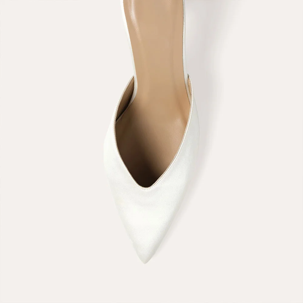 Elegant Ivory Satin Pointed Toe Flared Heel Mule Shoes for Women