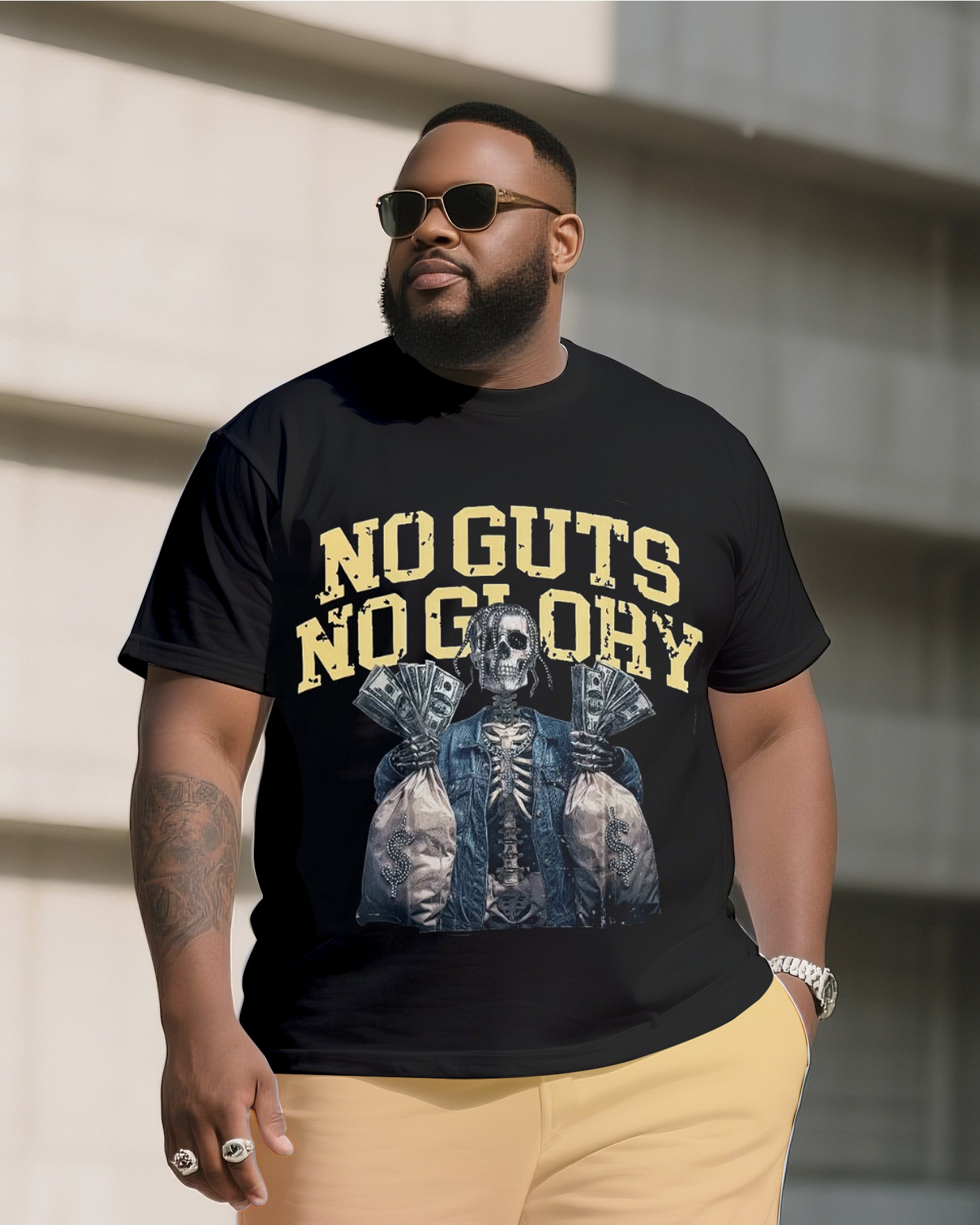 Big & Tall Men's Street Fashion No Guts No Glory Skull Print Crewneck T-Shirt Shorts Suit
