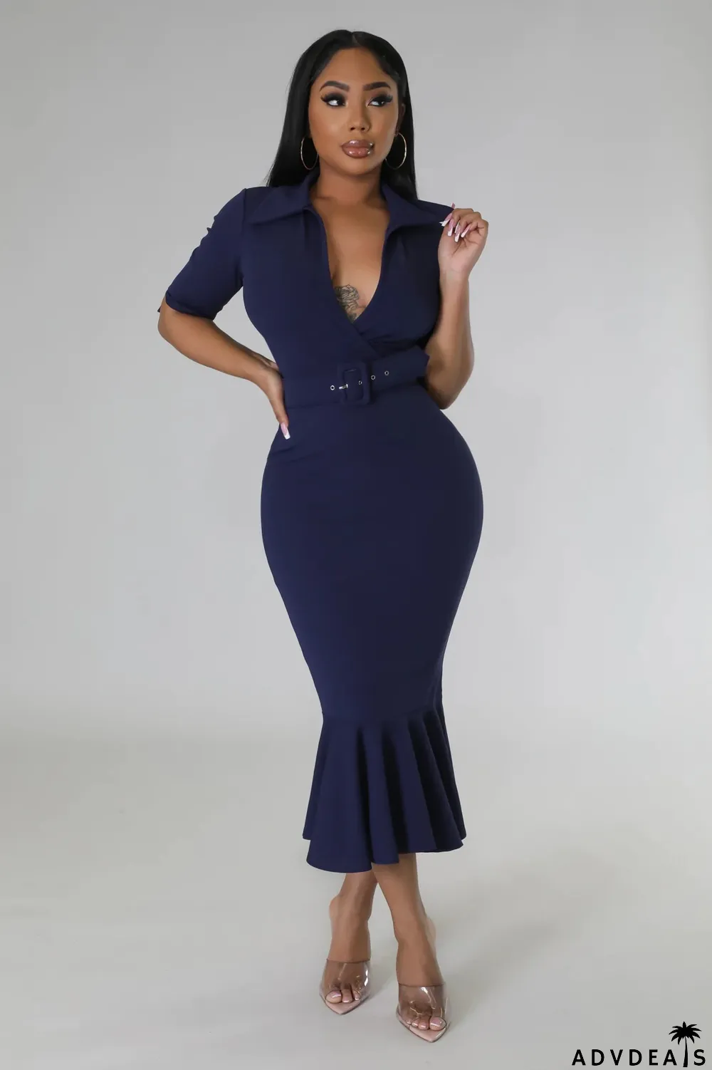 Solid Color Ruffles Waist Belt Midi Dress