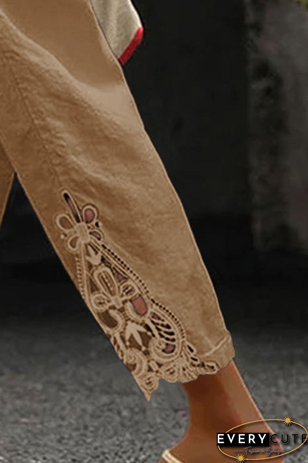 Khaki Lace Splicing Drawstring Casual Cotton Pants