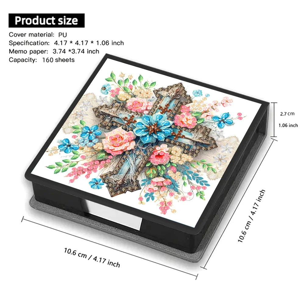 DIY Flower Cross Leather Diamond Art Note Box with 160 Sheets of Paper for Beginners