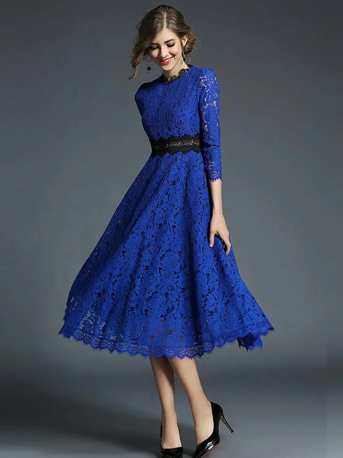 High-end boutique women's wind crochet flower hollow lace dress large swing dress