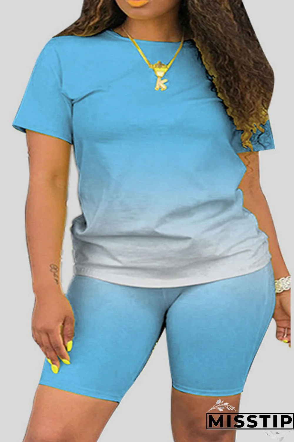 Sky Blue Casual Gradual Change Print Patchwork O Neck Plus Size Two Pieces