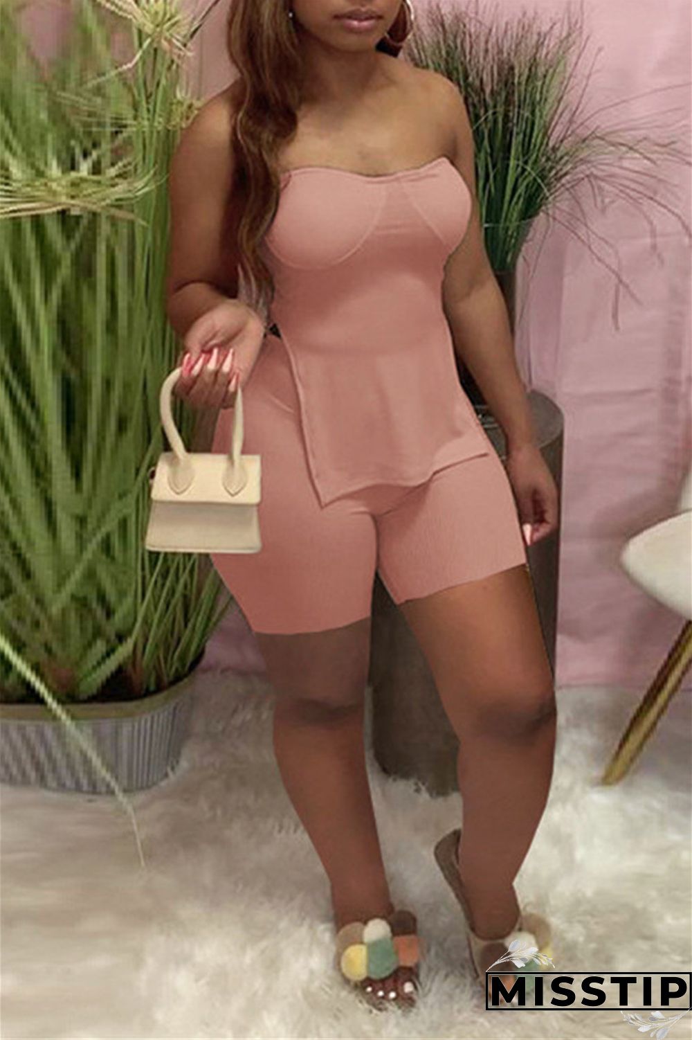 Coral Powder Sexy Casual Solid Backless Slit Strapless Sleeveless Two Pieces