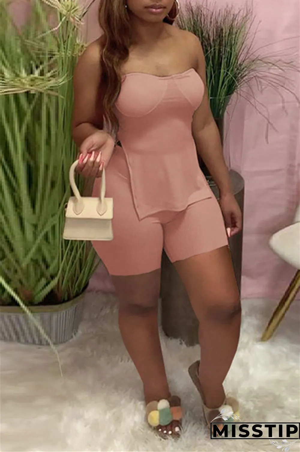 Coral Powder Sexy Casual Solid Backless Slit Strapless Sleeveless Two Pieces