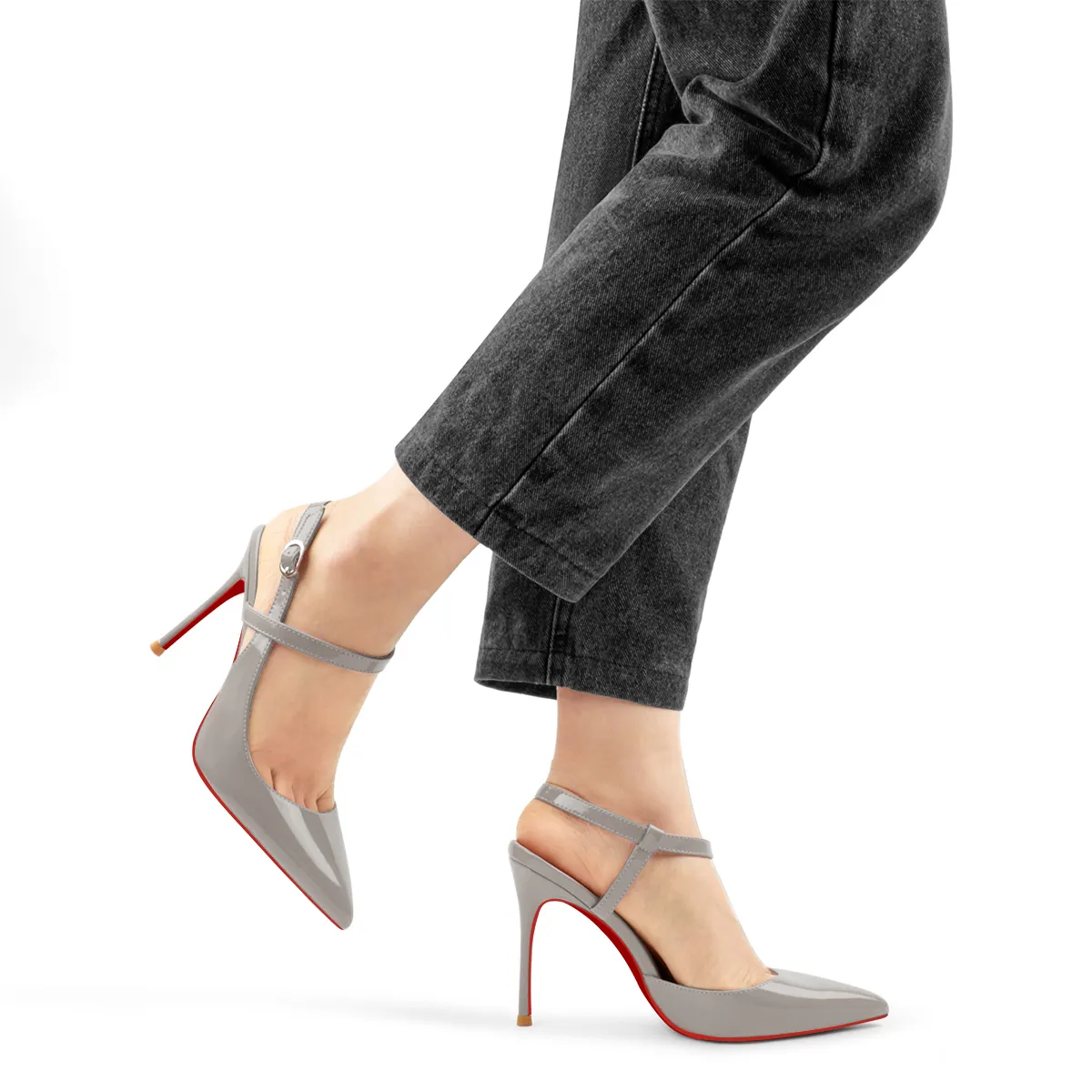 100mm Women Slingback Patent Pumps Ankle Strap Jenlove Stiletto Mid Heel Close Pointed Toe Dress Red Bottoms Shoes
