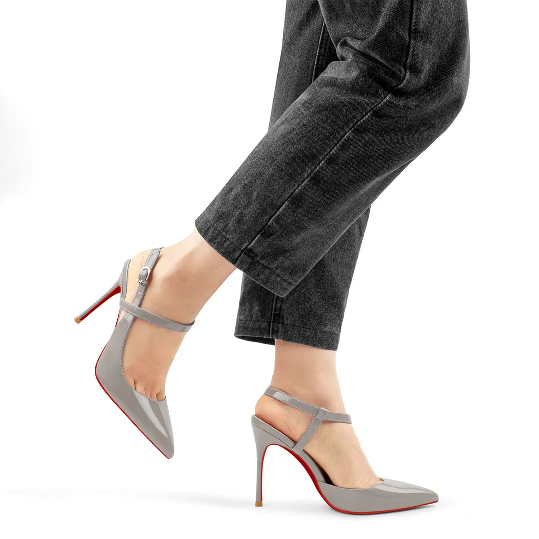 100mm Women Slingback Patent Pumps Ankle Strap Jenlove Stiletto Mid Heel Close Pointed Toe Dress Red Bottoms Shoes