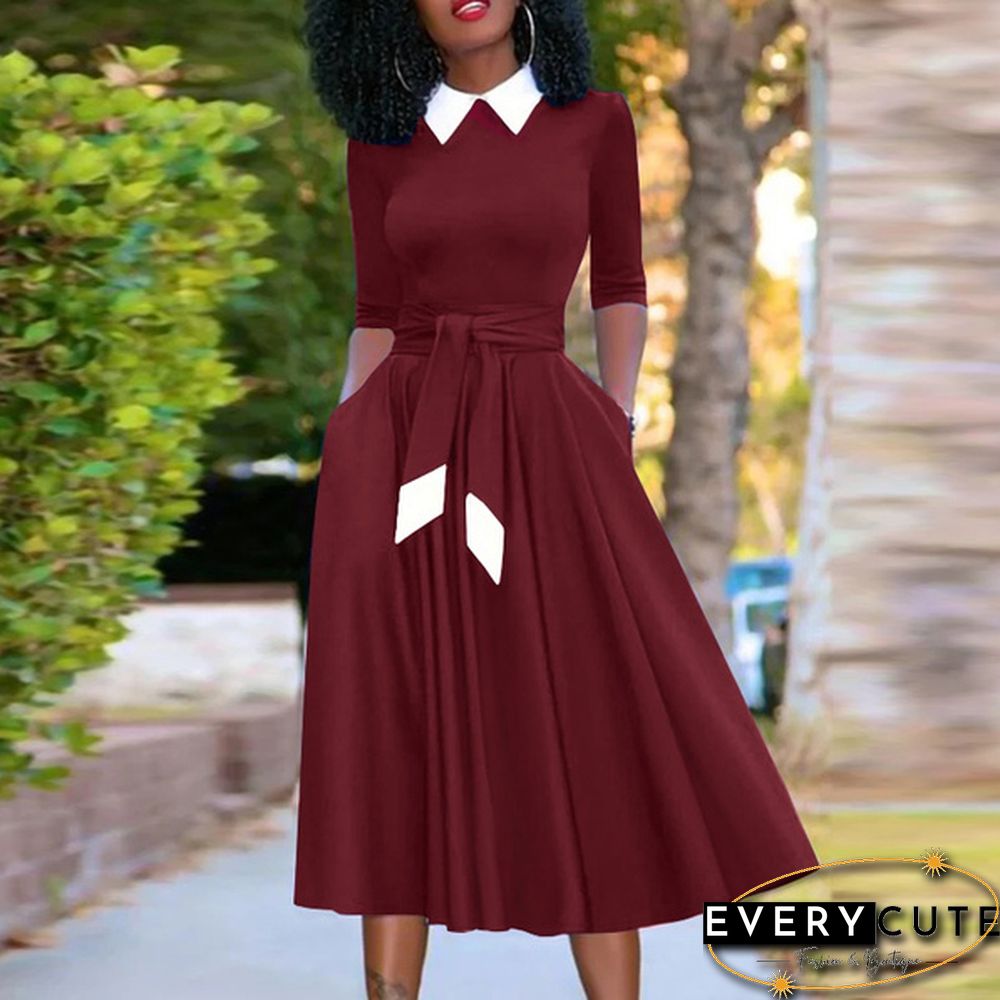 Womens Full Sleeved Autumn Belt Solid Slim Party Side Pockets Retro A-Line Pleated Long