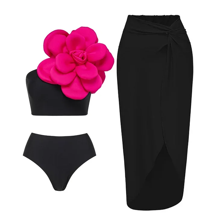 3D Flower One Shoulder High Waist Bikini Swimsuit