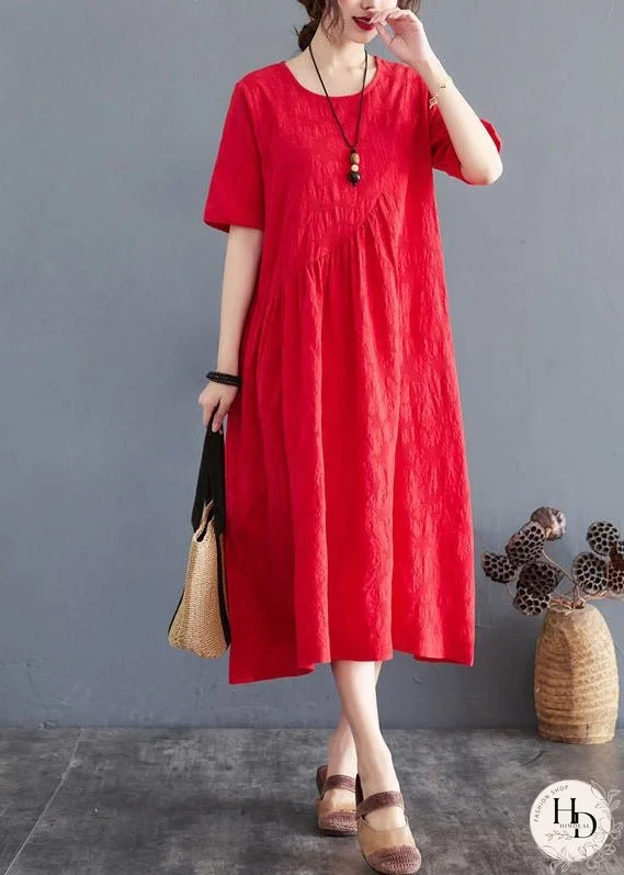 Red Jacquard Cotton Vacation Dresses Exra Large Hem Wrinkled Summer