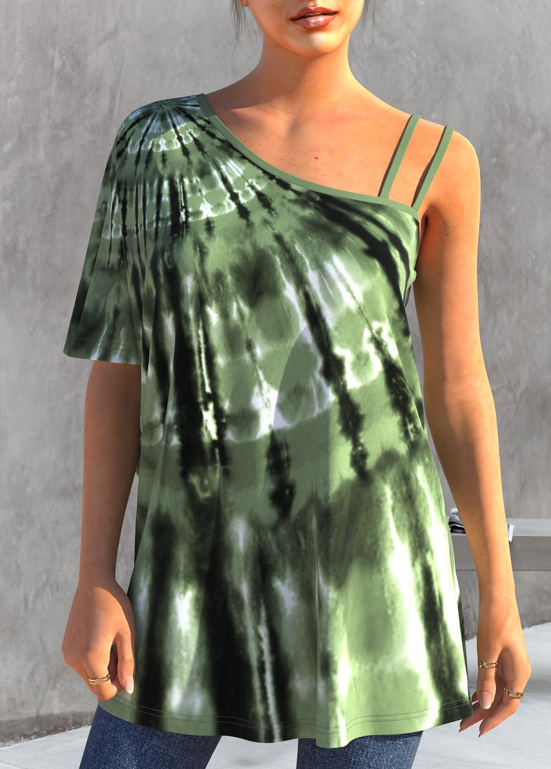 Tie Dye Print Green Asymmetric Neck T Shirt