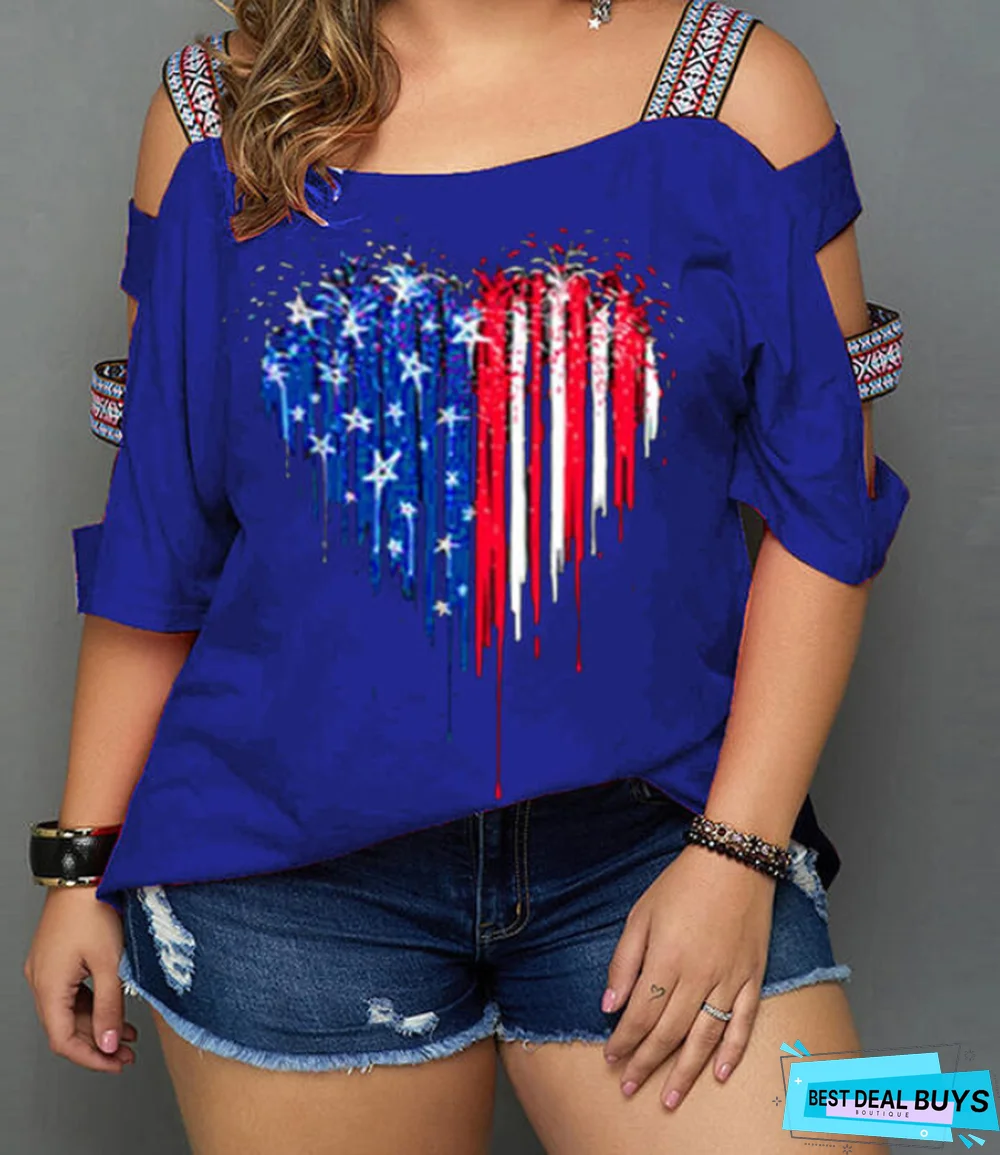 Print Cold Shoulder 3/4 Sleeves Casual Plus Size Blouses