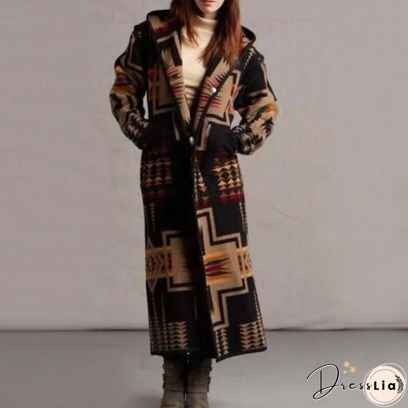 Women Elegant Geometric Print Hooded Coats Fashion Button Pocket Warm Long Cardigan Mujer Autumn Winter Vintage Overcoat Trench