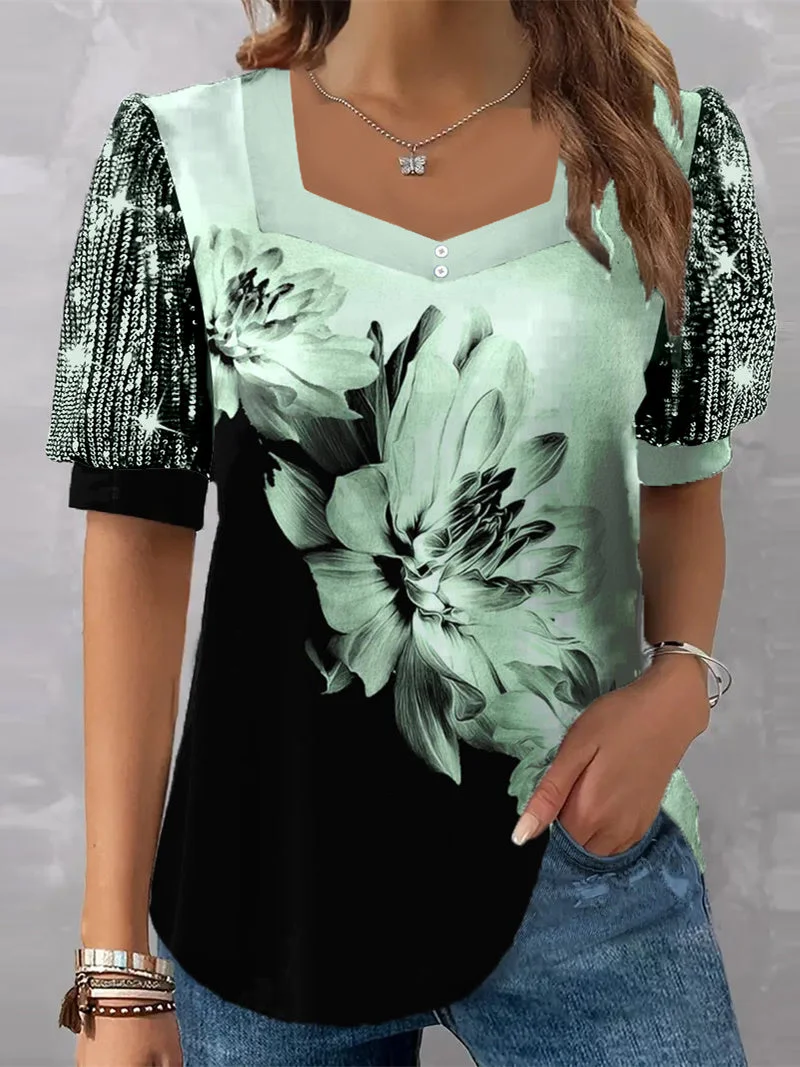 Women's Short Sleeve V-neck Floral Printed Sequins Stitching Top