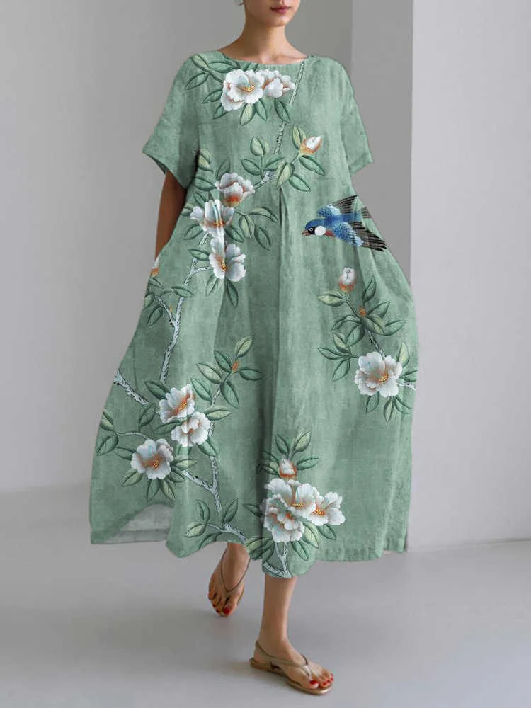 VChics Japanese Flower & Bird Pattern Short Sleeve Midi Dress