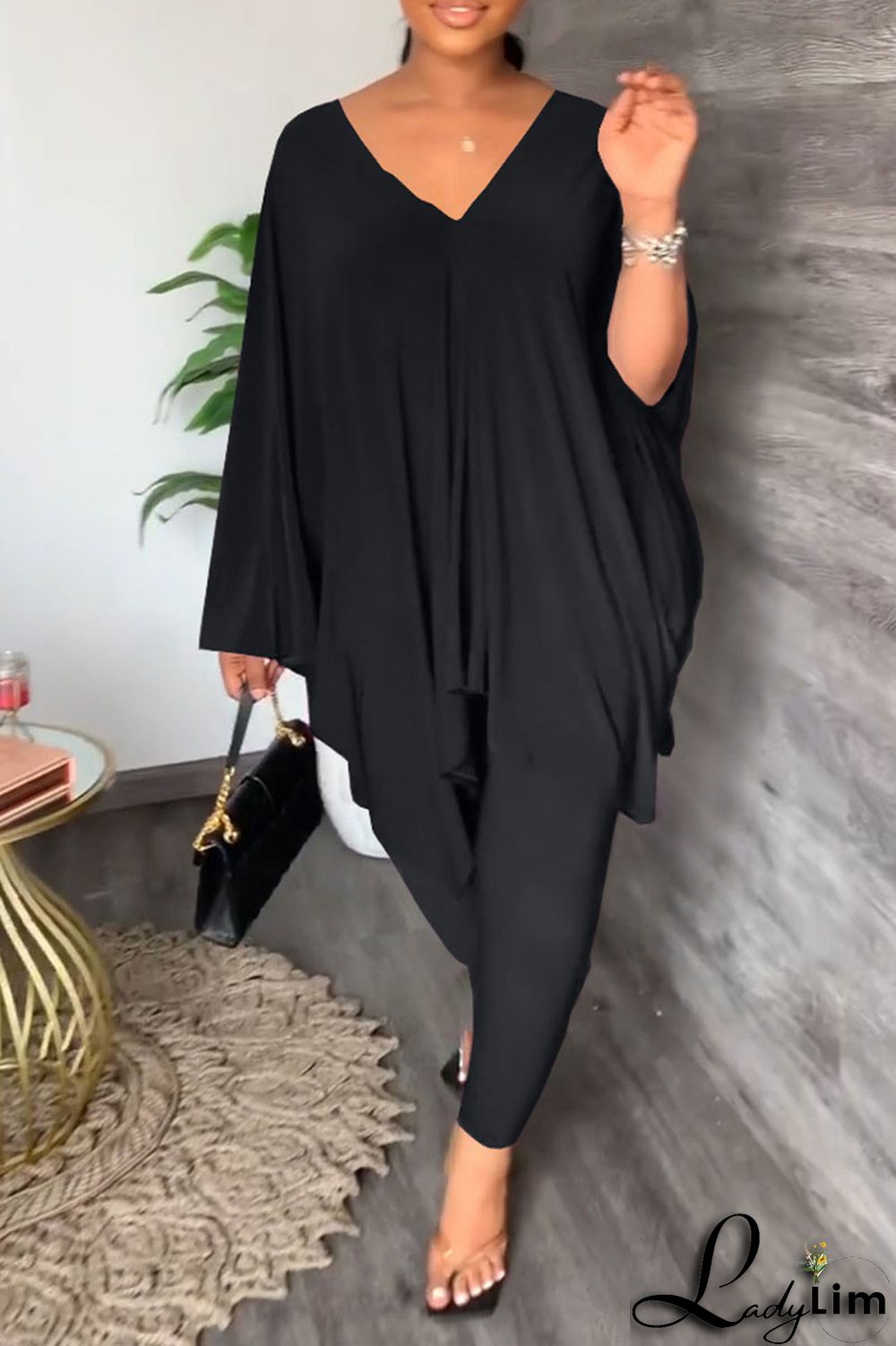 Black Casual Solid Patchwork V Neck Long Sleeve Two Pieces