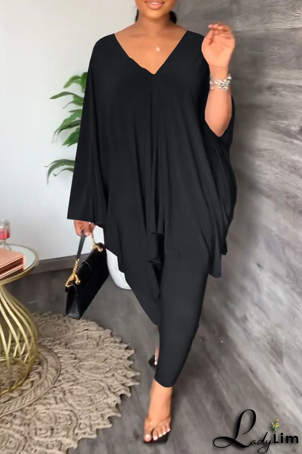 Black Casual Solid Patchwork V Neck Long Sleeve Two Pieces