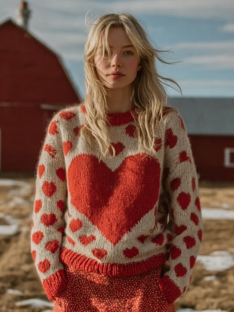 Vintage Valentine's Day Hearts Pattern Cozy Knit Sweater wearshes