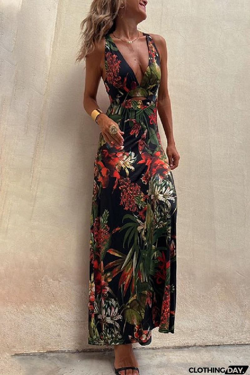 Sexy Vacation Floral Backless V Neck Printed Dress Dresses