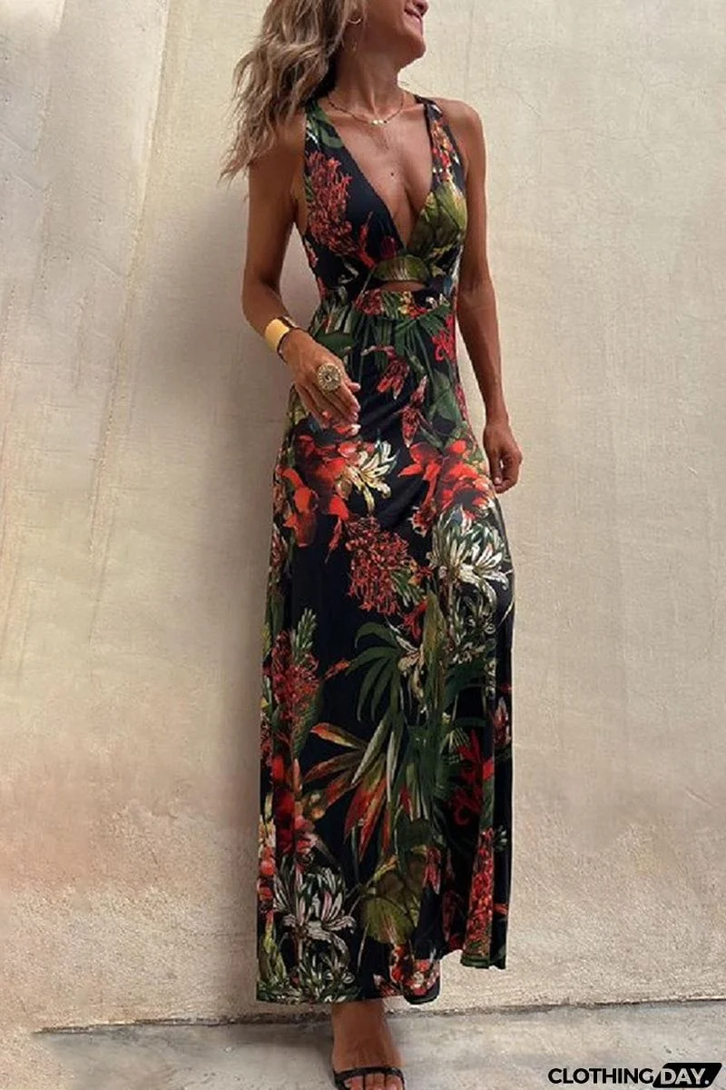Sexy Vacation Floral Backless V Neck Printed Dress Dresses