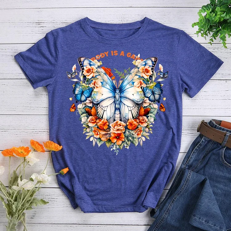 butterflies and flowers Round Neck T-shirt-0024071