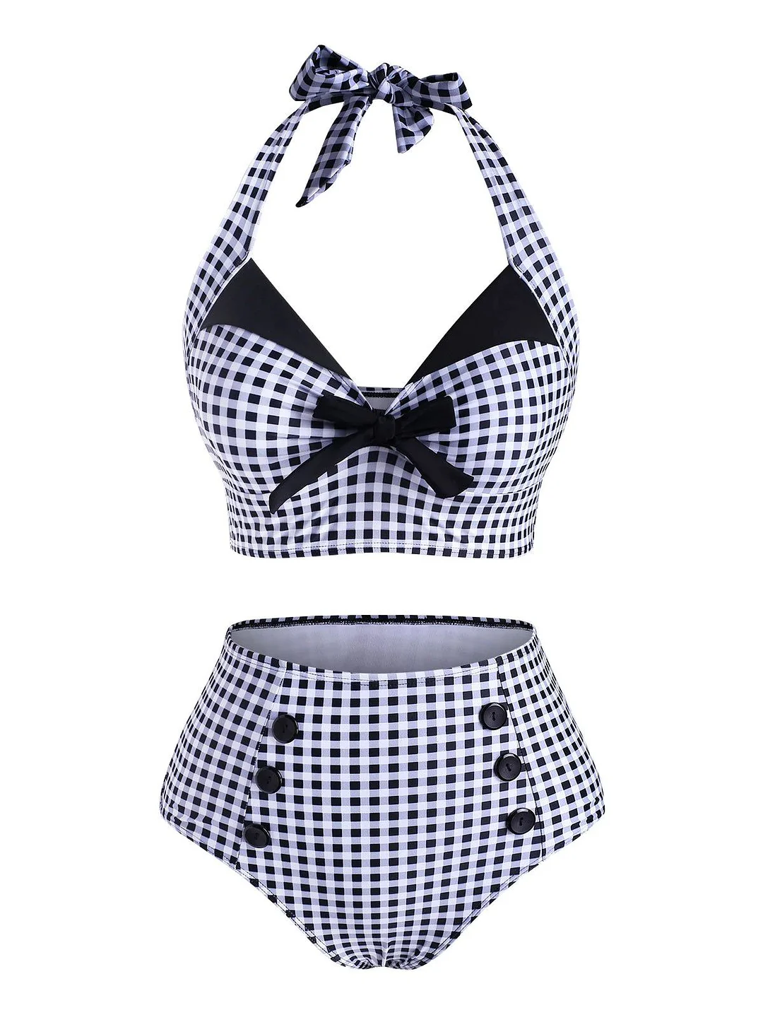 Black Checked Halter Bowknot Bikini Set