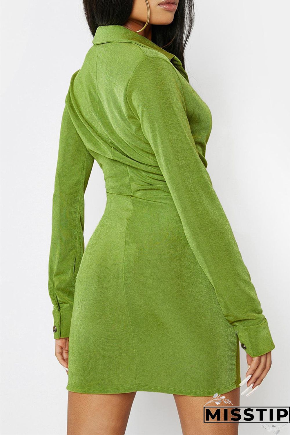 Green Fashion Casual Solid Buckle V Neck Long Sleeve Dresses
