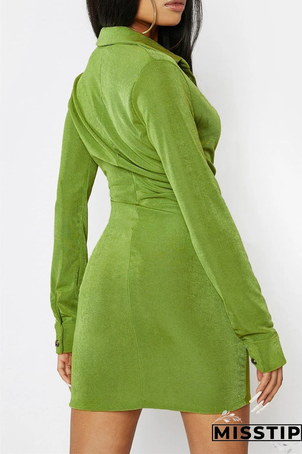 Green Fashion Casual Solid Buckle V Neck Long Sleeve Dresses
