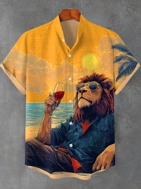 Men's Lion Red Wine Enjoys The Sunset Art Print Shirt