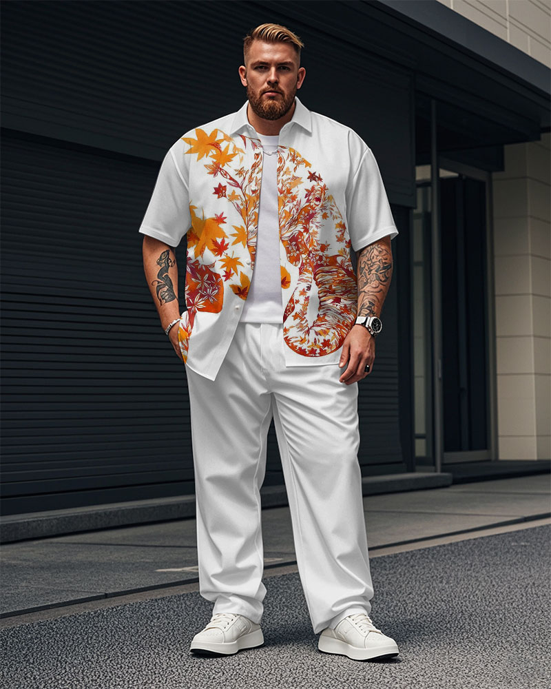 Men's Plus Size Casual Maple Leaf Ink Elephant Print Short Sleeve Shirt Trousers Suit