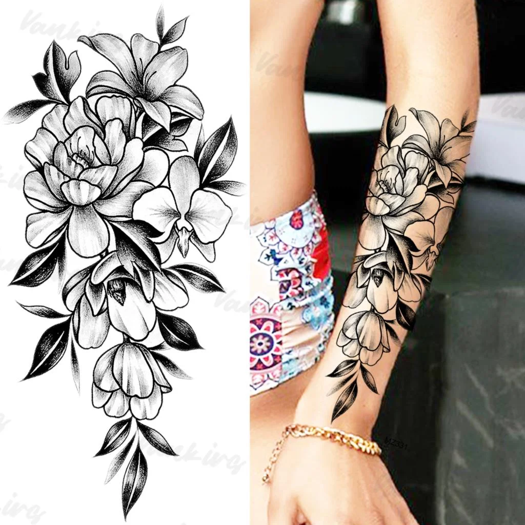 Sdrawing Peony Temporary Tattoos For Women Girls Realistic Anchor Butterfly Flower Fake Tattoo Sticker Sexy Body Arm Tatoos DIY
