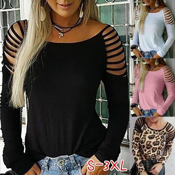 New Women's Fashion Ladder Cut Out Long Sleeve Casual Round Neck T-Shirt Spring Summer Solid Color Cotton Tee Tops Blouse Plus Size - Shop Trendy Women's Clothing | LoverChic