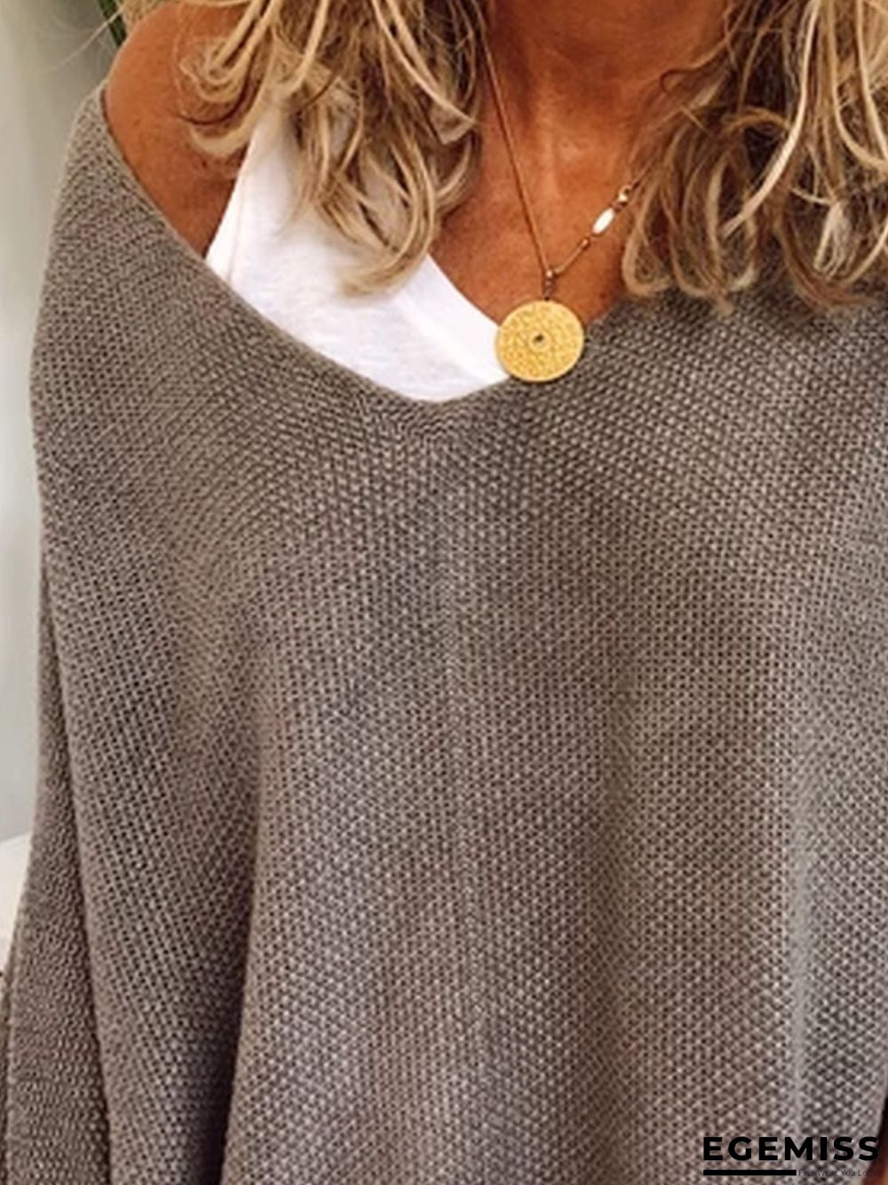 Grey Crew Neck Long Sleeve Knitted Plus Size Sweater | EGEMISS