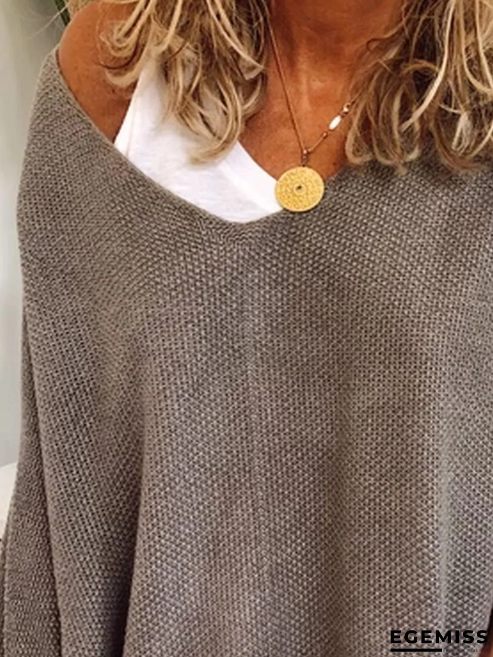Grey Crew Neck Long Sleeve Knitted Plus Size Sweater | EGEMISS
