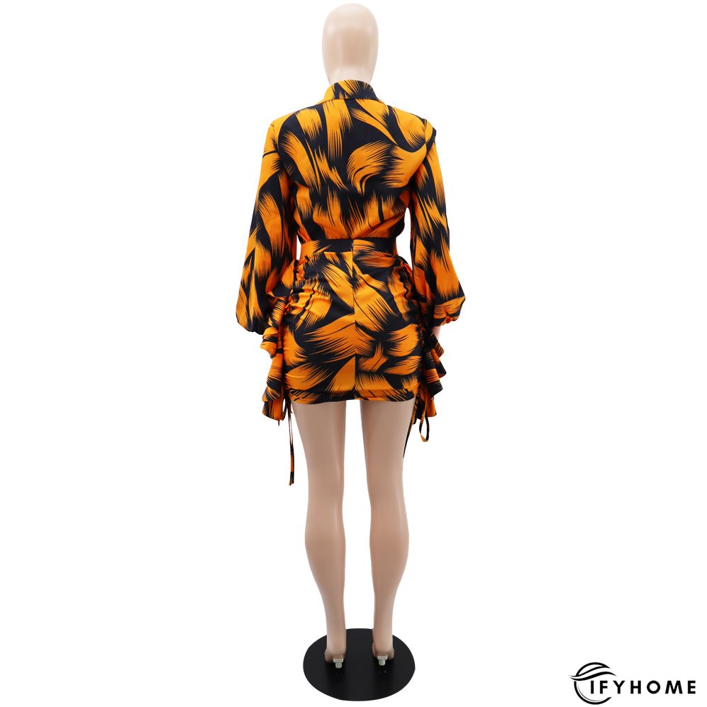 Printed Puff Sleeve Shirt Short Skirt Plus Size Two-Piece Set | IFYHOME