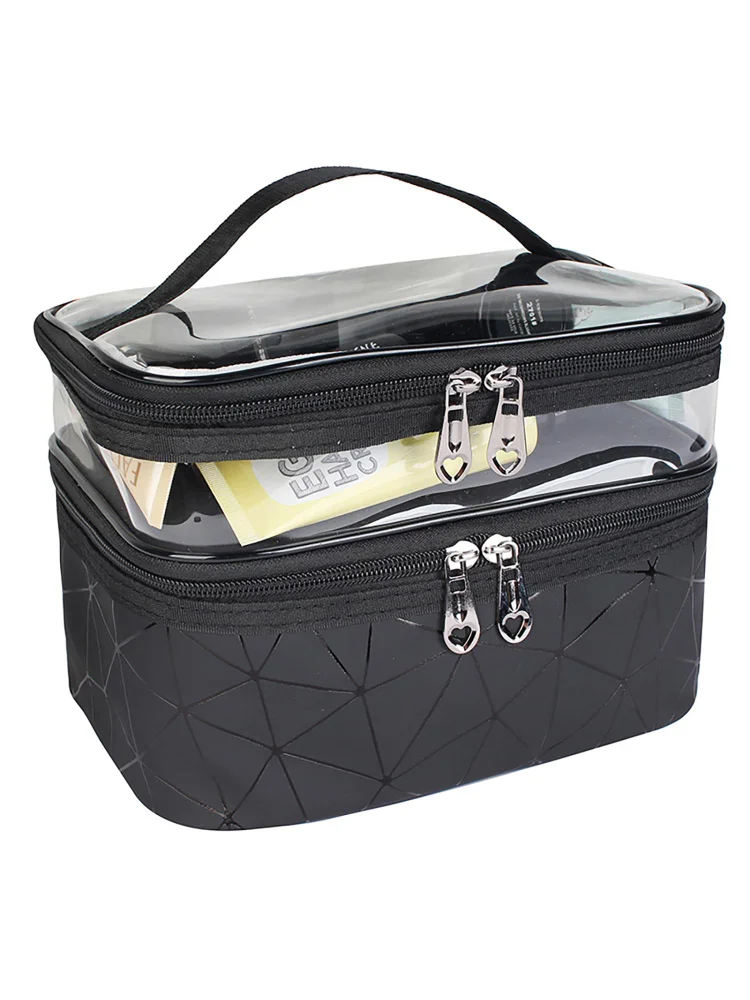 Double Layer Travel Makeup Bag Waterproof Portable Cosmetic Bag (Black)