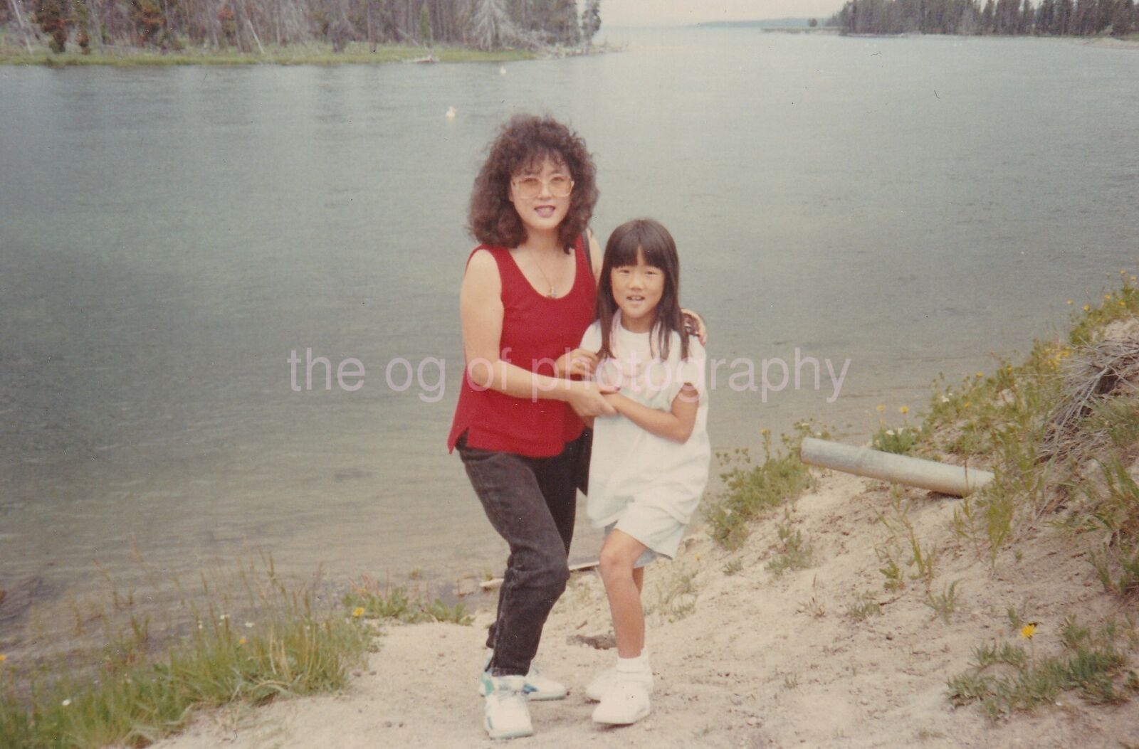 Mom + Her Little Girl At Water's Edge FOUND Photo Poster painting Original Color Snapshot 91 24