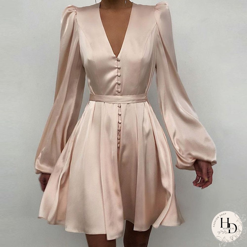 V-neck Temperament Slim Dress Lantern Sleeve Skirt