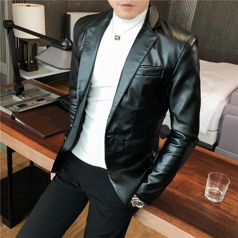 Woherb Men's Faux Leather Suit Jacket Men Korean Clothing One Button Casual Slim Fit Blazer White Black Red Singer Stage Blezer Coat