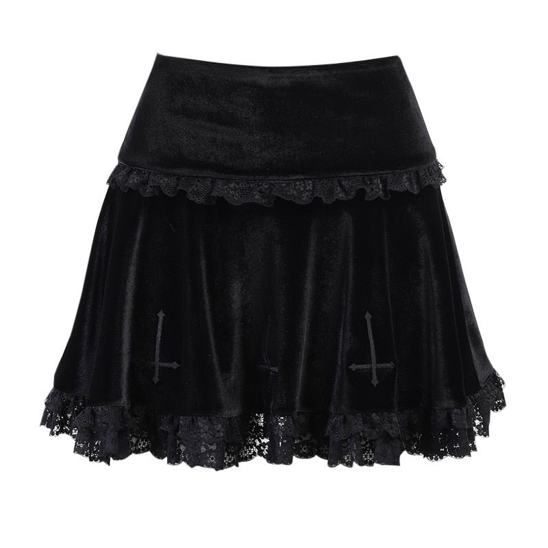 InsGoth Goth Cross Embroidered Black Skirt Gothic Vintage Lace Velvet Emo Alt Skirt Fairy Grunge High Waist A Line Mini Skirt