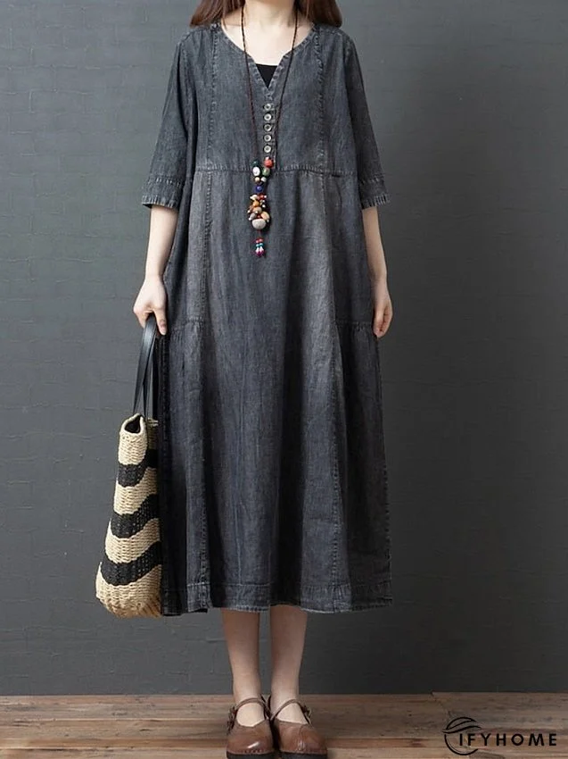 Denim Dress Casual Dress Midi Dress Denim Fashion Casual Daily Vacation V Neck Button Pocket Half Sleeve Summer Spring Fall Loose Fit Blue Dark Gray Plain M L XL 2XL for Women | IFYHOME
