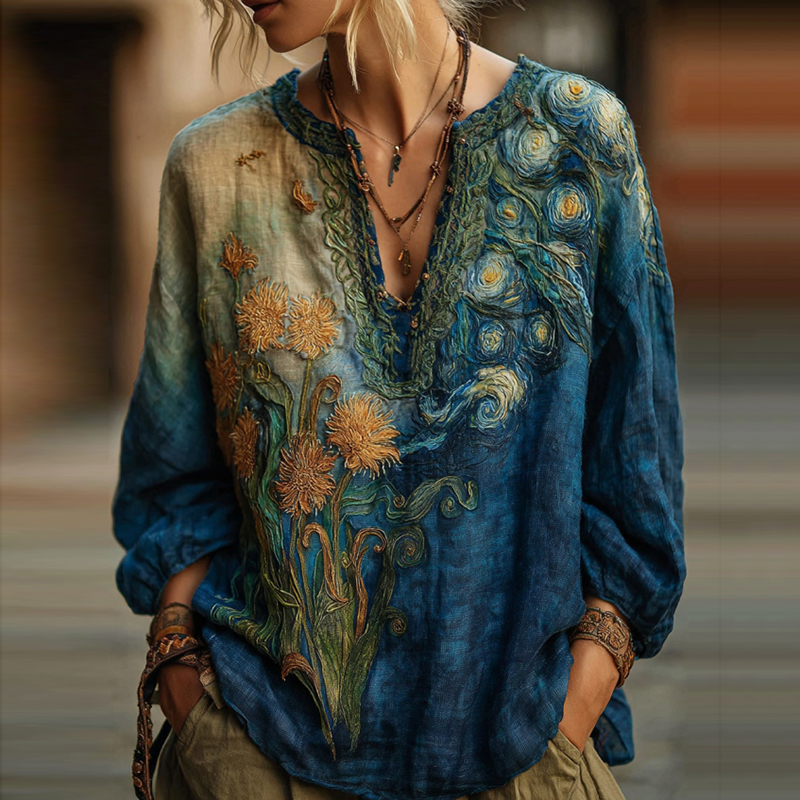 Vintage Oil Painting Inspiration Floral Embroidered Flowy V Neck Shirt  artssus