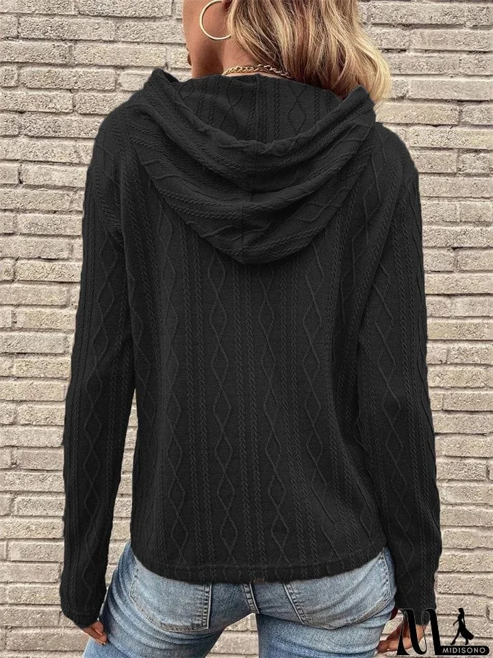 MidiSono - Female Solid Color Knitted Threaded Bar Drawstring Hoodies