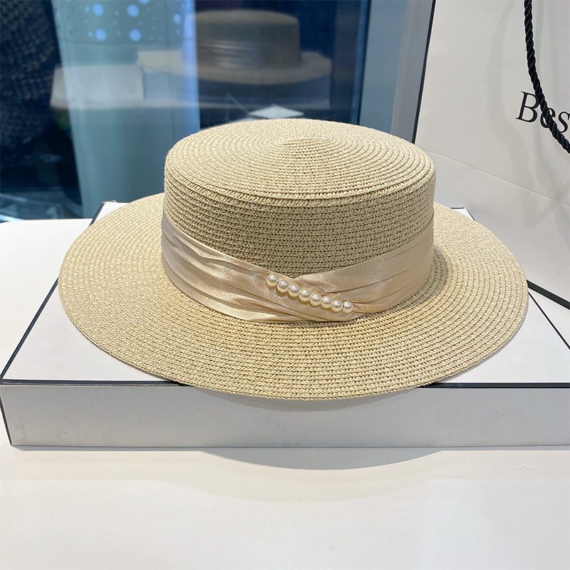 Vacation Khaki Satin Ribbon Pearls Straw Hat 2024 - Flycurvy 