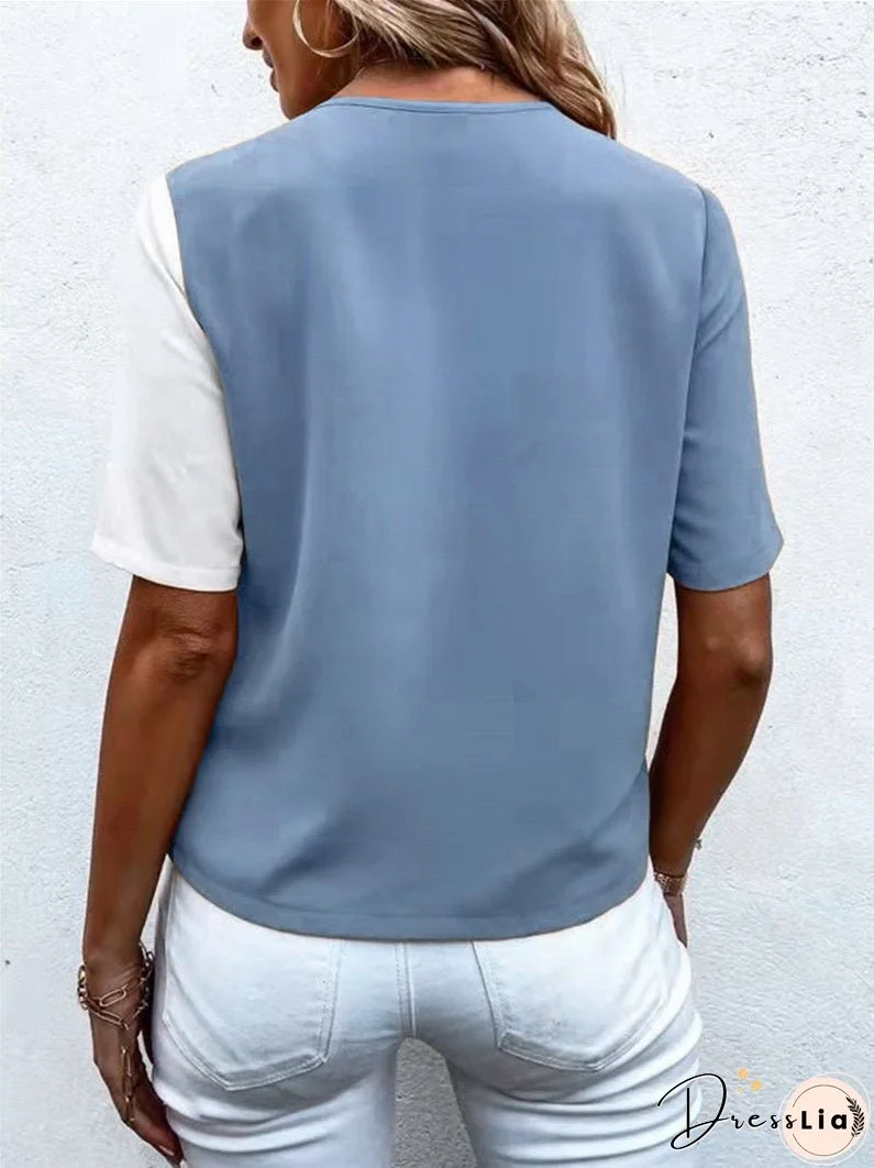 V-neck Chiffon Fashion Contrast Color Short-sleeved Shirt Top