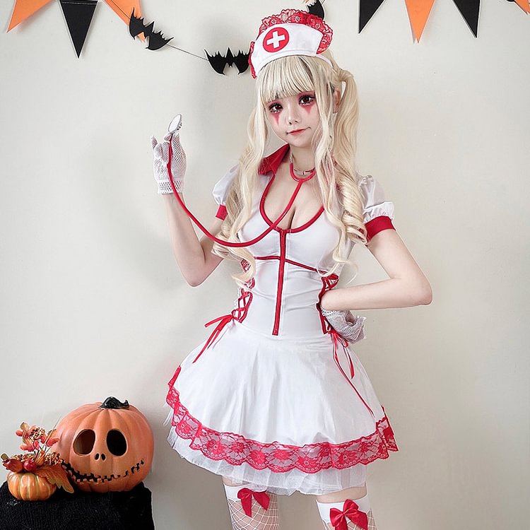 Cosplay Nurse Lace Up Lolita Dress - Modakawa modakawa