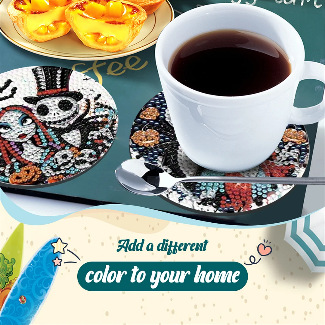 8pcs Cartoon DIY Diamond Painting Wooden Coasters Kits with Holder (Skeleton)