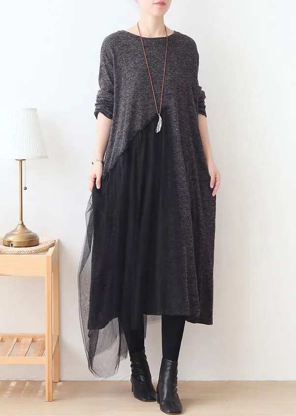 Handmade gray patchwork tulle clothes For Women o neck Dresses