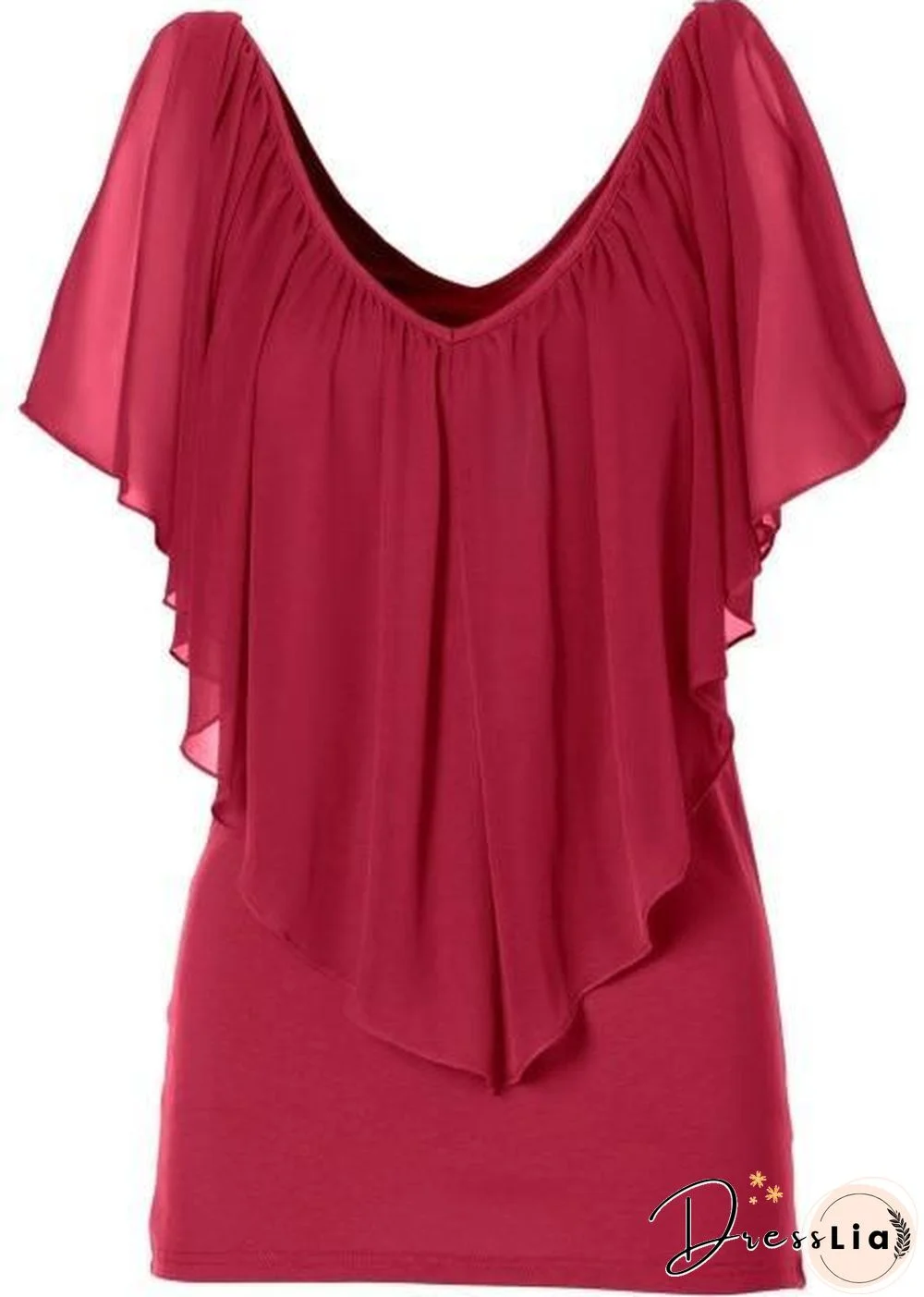 Women Sexy V Neck Cold Shoulder Ruffle Chiffon Solid Pleated Tops Plus Size Blouse Shirt
