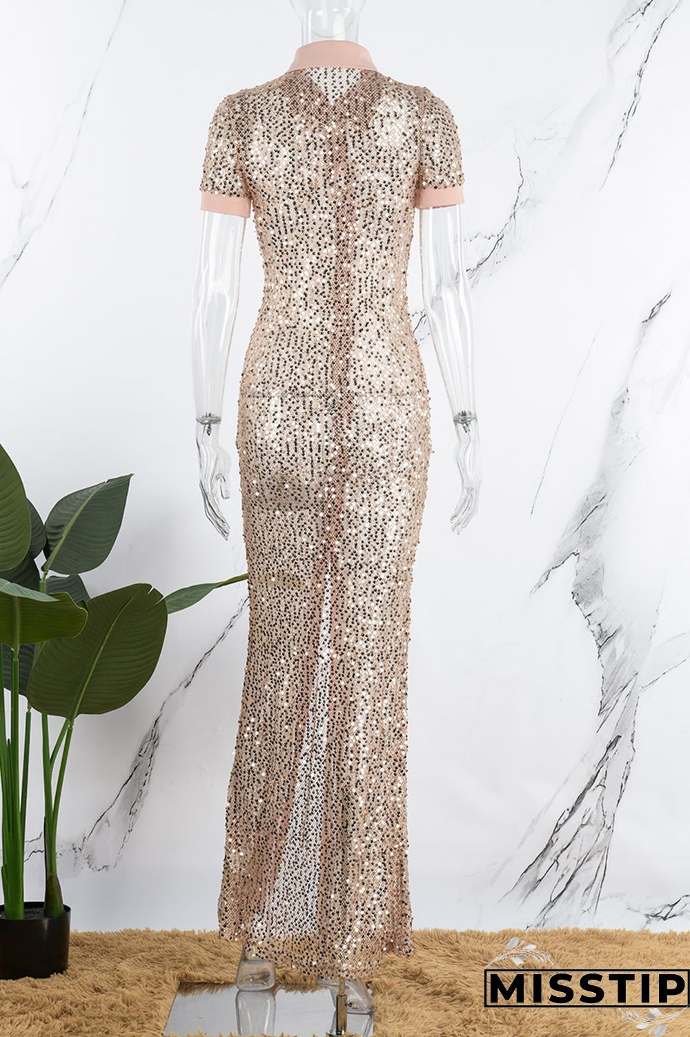 Champagne Sexy Patchwork Sequins Slit Turndown Collar Short Sleeve Dress Dresses